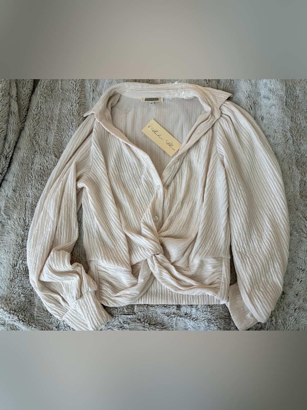Beige Twist-Front Cropped Button Down Shirt - Amber Skies NWT